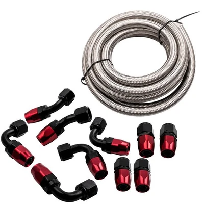 16FT AN10 STAINLESS BRAIDED OIL/FUEL LINE HOSE KIT + 45°, 90° ,180° HOSE END - Immagine 1 di 4