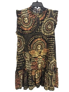 Shein Tribal Print Sleeveless Pleated Mini Dress Sz L Boho Festival Black Brown - Picture 1 of 9