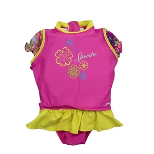 Speedo Girl Swimwear Girls M Pink Yellow Cap Sleeve Swim Skirt Ruffle One Piece - Picture 1 of 14