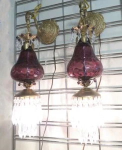 2 Vintage Fenton Victorian Purple Glass Bronze Brass Sconces lamp crystal beaded - Picture 1 of 10