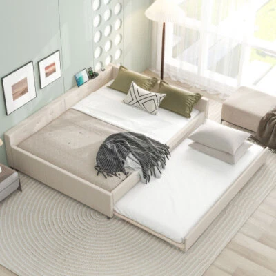 Full Queen Upholstered Daybed with Trundle Day Bed Sofa Beds Platform Bed Frames - Image 1 of 4