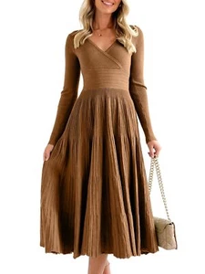 Long Sleeve Knit Midi Dress Wrap V Neck Pleated Sweater Dress (Brown, S) - Picture 1 of 6