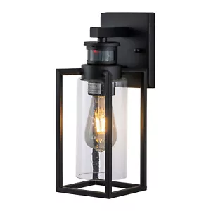 Black Motion Sensor Dusk to Dawn Outdoor Wall Lantern with Clear Seeded Glass - Picture 1 of 11
