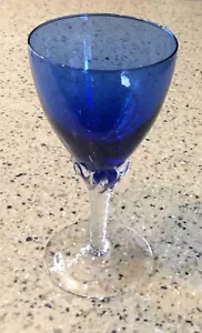 Vintage Crystal Cobalt Blue Bowl Clear Twisted Stem Footed 5 7/8” Wine Glasses - Picture 1 of 8