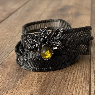 Vintage Metal Mesh Belt Bee Charm Black Rhinestones Amber Gem Drop Size 2X 45 - Image 1 of 4