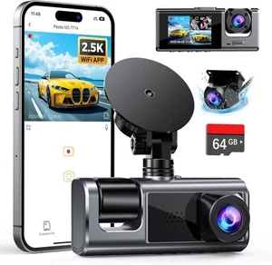 3 Channel WiFi Dash Cam Front and Rear Inside with 64GB SD Card, 2.5K+1080P+1080 - Picture 1 of 9