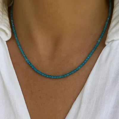 2mm Blue Apatite Choker Necklace Dainty Crystal Beaded Minimalist Gift for Her - Image 1 of 4