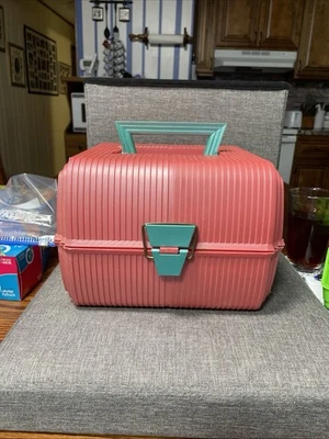 Bandeja de caboodle cosmética vintage Sassaby salmão rosa azul-petróleo maquiagem artesanato armazenamento EUA - Imagem 1 de 4