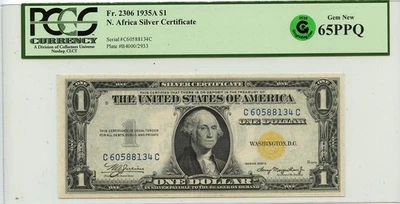 1935A $1 N. Africa Silver Certificate FR#2306 PCGS GEM 65 PPQ GCC Green - Image 1 of 3