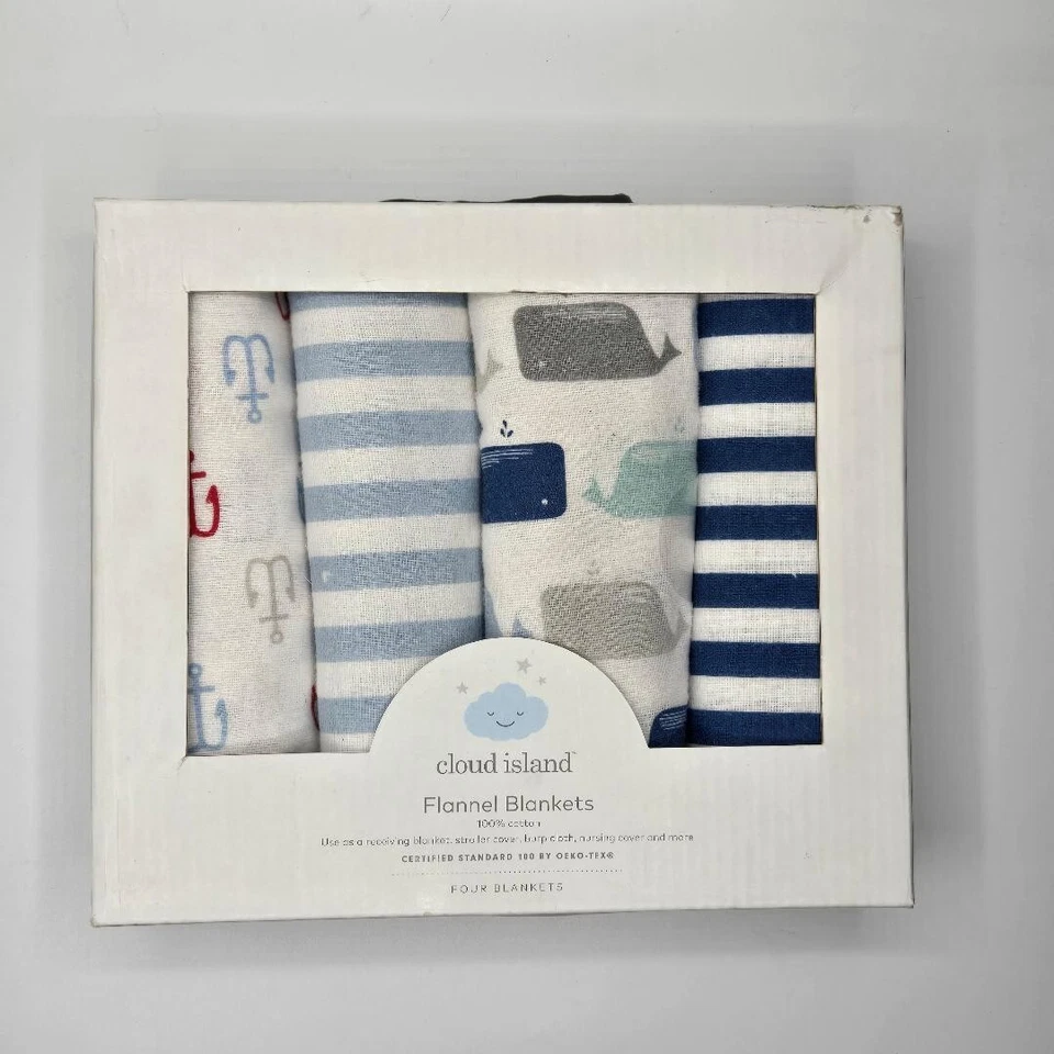 Cloud Island Bebé Franela Mantas Náutico Conjunto Azul Blanco Ballenas 30x30" Paquete de 4 Foto 1 de 2