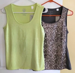 Lote (2) Camisetas sin mangas con lentejuelas CHICO'S: ZENERGY limón lima, marrón topo (talla 0) nuevas con etiquetas - Imagen 1 de 8