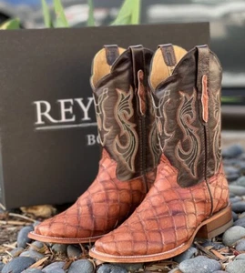 MENS REYWELT COWBOY PIRARUCU FISH PRINT LEATHER SOLES WESTERN RANCH SYTLE BOOTS - Picture 1 of 6