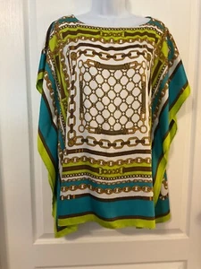 MICHAEL KORS Women Sz L/XL Teal Lime Gold Link Pattern Pullover Boxy Top -B40 - Picture 1 of 7