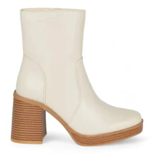 Ladies Heeled Ankle Boots Cream Zip Up Vegan Leather Womens Block Heel Size 3-8 - Picture 1 of 16