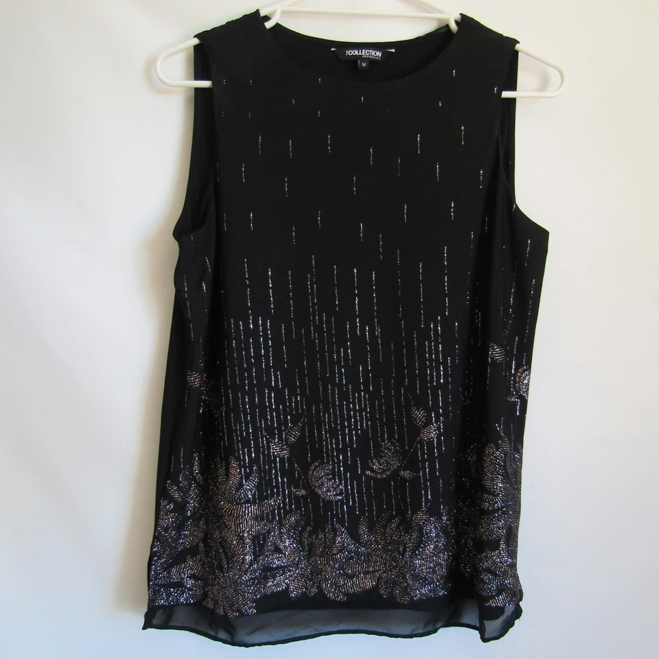 Debenhams Collection 14 Black Chiffon Evening Top Metallic Glitter Leaves - image 1 of 4