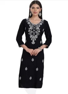 Viskose Kurta Tunika Oberteil Rundhals 3/4 Ärmel Knielang Kurti XL - Bild 1 von 5