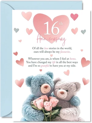 16Th Anniversary Card for Men Women - Teddy Bear Roses - Happy 16 Year Anniversa - Image 1 of 4