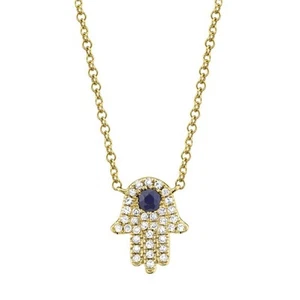 0.17ct Round Brilliant Cut Diamond and Blue Sapphire Hamsa Necklace - Picture 1 of 2