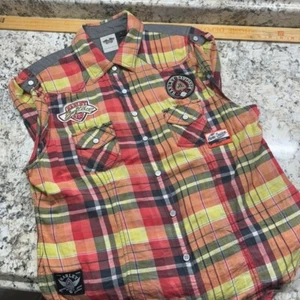 Parches de camisa Harley Davidson para mujer L naranja a cuadros sin mangas perla botón a presión - Imagen 1 de 11