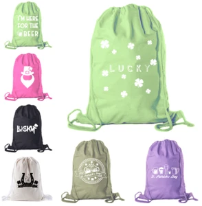 St Patrick's Day Drawstring Backpack Cotton Canvas Backpacks Reusable Gift Bags - Picture 1 of 8