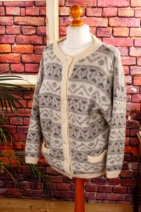 Vintage Strickjacke Damen Norweger-Stil Grau Weiß Winter Pullover Island SAGA M - Bild 1 von 7