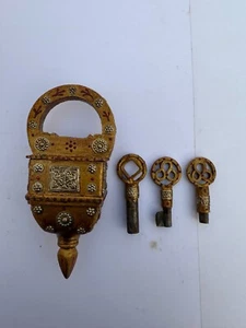 Old Lock, Antique look Brass Work Iron Square Tricky Puzzle Padlock with 3 key - Picture 1 of 16