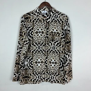 Camicetta di seta Worthington donna XL marrone stampa leopardata manica lunga con bottoni - Foto 1 di 11