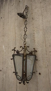 Lampadario lanterna da soffitto vintage in bronzo dorato vetro inciso primi 900' - Foto 1 di 10