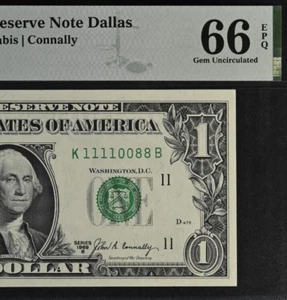 1969B 1 $ Federal Reserve Schein PMG 66EPQ Dallas Gem Fancy Seriennummer 11110088 - Bild 1 von 3