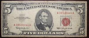 1963 $5 Red Seal Federal Reserve Note Circulated P32 - Picture 1 of 2
