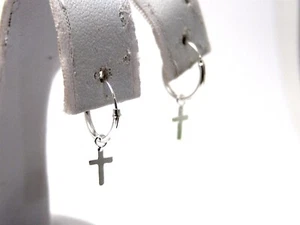 Sterling Silver Hoop Earrings with Cross Dangle Tiny Dainty SMALL - Picture 1 of 2
