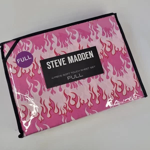 Hot Pink Fire Flames Print 4pc FULL Sheets Set White Red Harley Girl Biker Chic - Picture 1 of 9