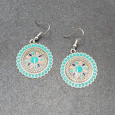 Pendientes Perforados Tono Plata Esmalte Medallón Redondo Cuelga Multicolor 1" Foto 1 de 4