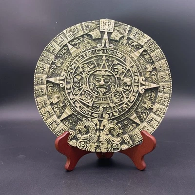 Vintage Aztec Mayan Sun Calendar Carved Resin Wall Decor Indian Predictions 9.5” - Image 1 of 4