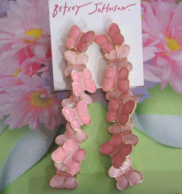 Betsey Johnson Linear Butterfly Earrings Authentic Stud Pink Butterflies NEW - Image 1 of 4