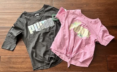 Lot Of 2 Puma Pink White Gray Girls Small 7 Front Tie Graphic Chest Logo T Shirt - Image 1 of 4