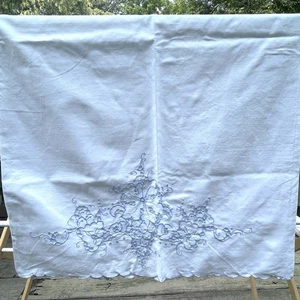 Pair Of Vintage Cotton Cutwork Pillowcases 33" x 19" White w/ Blue Scalloped - Picture 1 of 6