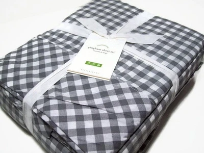 Pottery Barn Organic Cotton Gray Gingham Plaid Cal King Sheet Set New - Image 1 of 2
