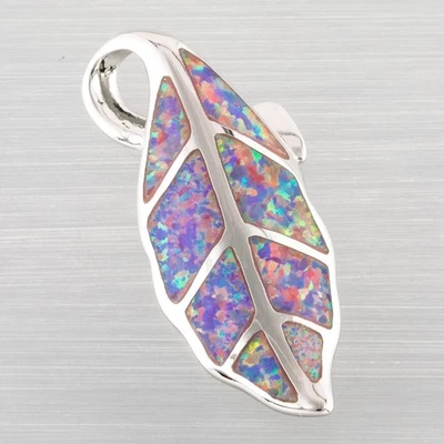 Nature Leaf Lavender Purple Fire Opal Silver Jewelry Necklace Pendant - Image 1 of 4