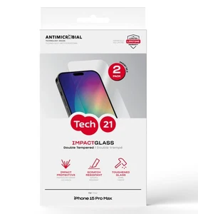 Tech21 Impact Glass Screen Protector for iPhone 15 Pro Max - Pack of 2 - Picture 1 of 5