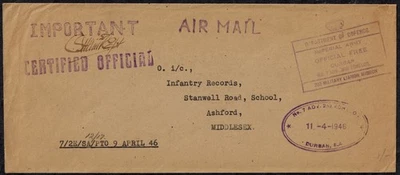 South Africa 1946 DEPT. OF DEFENSE Official Cover w/ IMPORTANT H/S in PURPLE - Image 1 of 3
