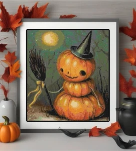 Decorazione Halloween pupazzo di neve vintage Jack-o-Lantern motivo a punto incrociato contati - Foto 1 di 2