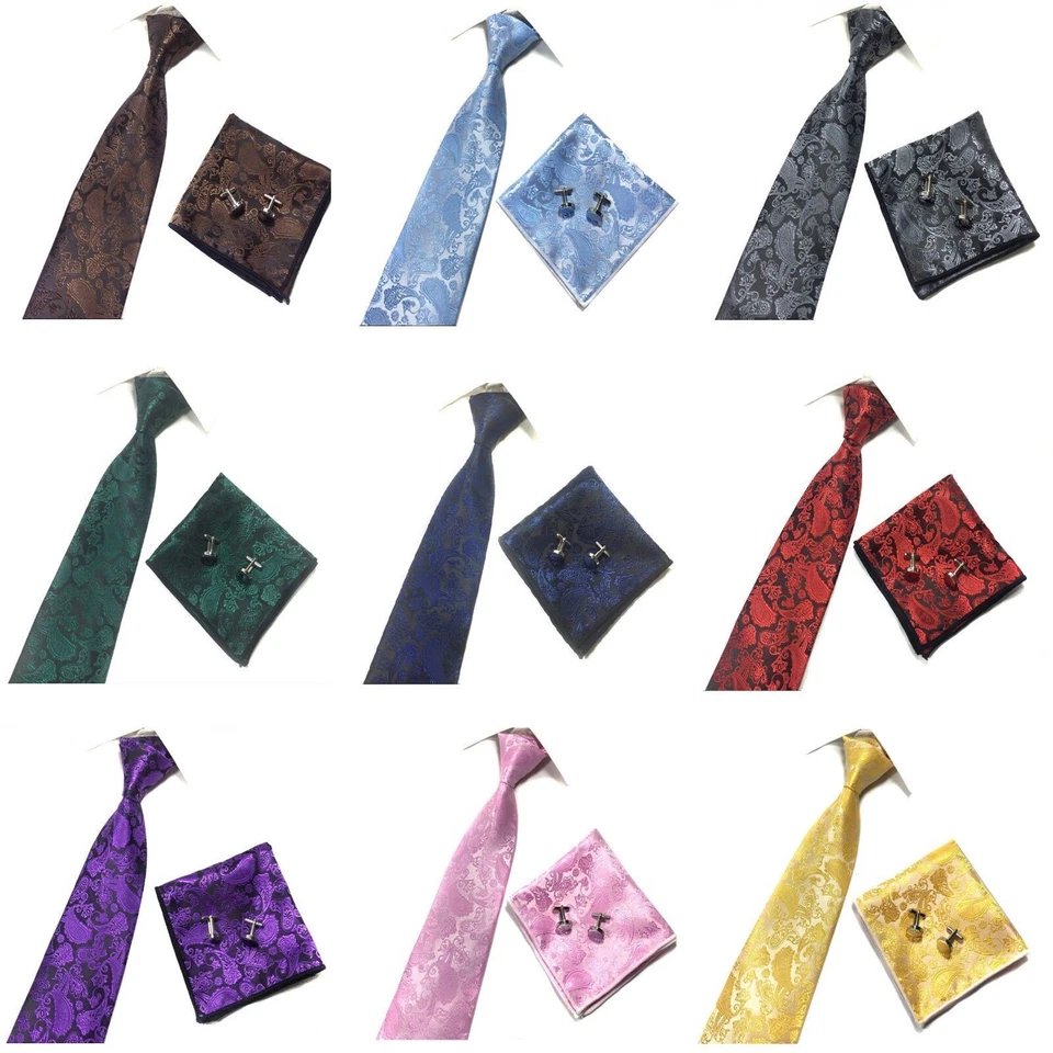 3 pcs Woven Paisley Jacquard Solid Tie + Cufflinks + Handkerchief Set Wedding - Image 1 of 1