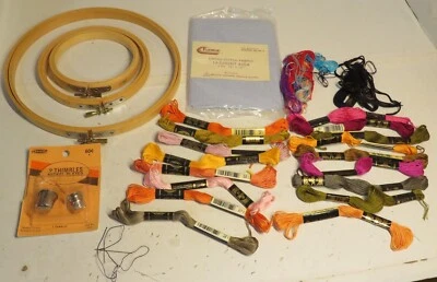 CROSS STITCH FLOSS LOT Thread DMC Multi Colors Fabric Rings Thimble Needle Set - Image 1 of 4