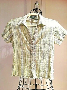 Woolrich Crinkle Gauze Short-Sleeve Shirt-PETITE MED-Green/White Stripe - EUC - Picture 1 of 4