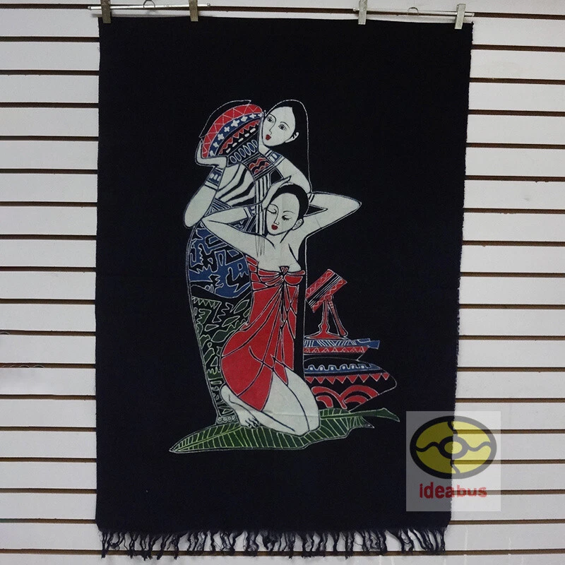 Art Wall Hanging Batik Tapestry Curtain-Chinese Thai Ethnic Girls Shower 47x34" - Image 1 of 4
