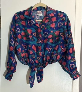 Multicolor 100% Silk Vintage Floral Balloon Sleeve Blouse Rare Women Size Med - Picture 1 of 13