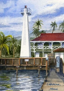 Lahaina Lighthouse & Pioneer Inn, Maui Hawaii Fridge Magnet. Watercolor portrait - Picture 1 of 1