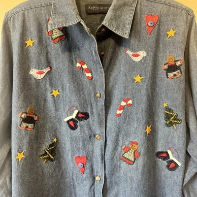 Vtg Denim Christmas Shirt Woman's 1X Santa Claus Embroidered Shoulder Pads - Image 1 of 4