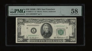 DBR 1950-B $20 FRN STAR San Francisco Fr. 2061-L* PMG 58 Serial L08556047* - Picture 1 of 2
